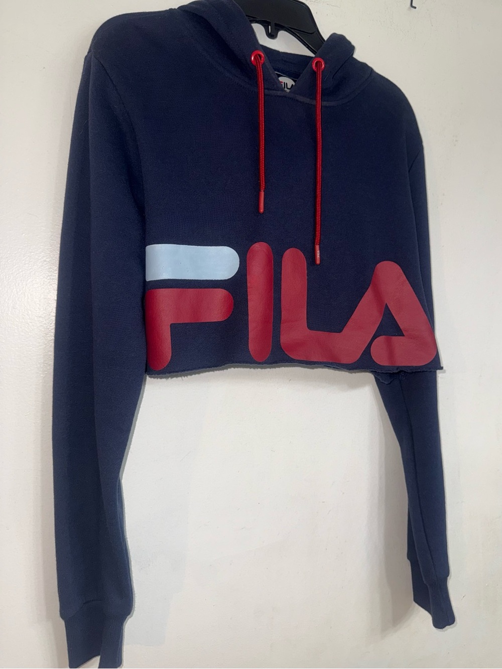 Fila Navy Cropped Hoodie with Red Logo and Light Blue Accent